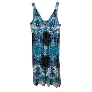 Beverly Drive Womens 3X Blue Teal Damask Print V-Neck Empire Waist Maxi Dress